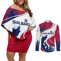 Svalbard Norway Couples Matching Off Shoulder Short Dress and Long Sleeve Button Shirt with Polar Bear Forest and Norwegian Flag - Wonder Print Shop