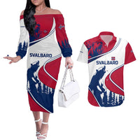 Svalbard Norway Couples Matching Off The Shoulder Long Sleeve Dress and Hawaiian Shirt with Polar Bear Forest and Norwegian Flag - Wonder Print Shop