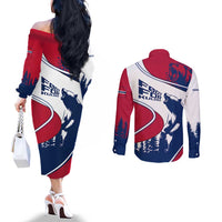 Svalbard Norway Couples Matching Off The Shoulder Long Sleeve Dress and Long Sleeve Button Shirt with Polar Bear Forest and Norwegian Flag - Wonder Print Shop