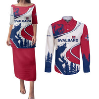 Svalbard Norway Couples Matching Puletasi and Long Sleeve Button Shirt with Polar Bear Forest and Norwegian Flag - Wonder Print Shop