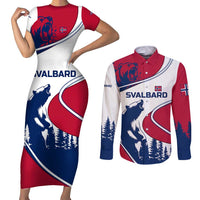 Svalbard Norway Couples Matching Short Sleeve Bodycon Dress and Long Sleeve Button Shirt with Polar Bear Forest and Norwegian Flag - Wonder Print Shop