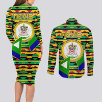 Nevis in Saint Kitts and Nevis Couples Matching Long Sleeve Bodycon Dress and Long Sleeve Button Shirt Geometric Pattern and Coat of Arms - Wonder Print Shop