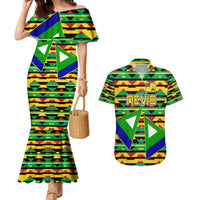 Nevis in Saint Kitts and Nevis Couples Matching Mermaid Dress and Hawaiian Shirt Geometric Pattern and Coat of Arms - Wonder Print Shop