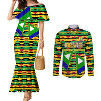 Nevis in Saint Kitts and Nevis Couples Matching Mermaid Dress and Long Sleeve Button Shirt Geometric Pattern and Coat of Arms - Wonder Print Shop