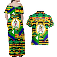 Nevis in Saint Kitts and Nevis Couples Matching Off Shoulder Maxi Dress and Hawaiian Shirt Geometric Pattern and Coat of Arms - Wonder Print Shop