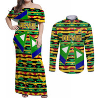 Nevis in Saint Kitts and Nevis Couples Matching Off Shoulder Maxi Dress and Long Sleeve Button Shirt Geometric Pattern and Coat of Arms - Wonder Print Shop