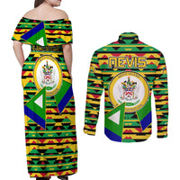 Nevis in Saint Kitts and Nevis Couples Matching Off Shoulder Maxi Dress and Long Sleeve Button Shirt Geometric Pattern and Coat of Arms - Wonder Print Shop