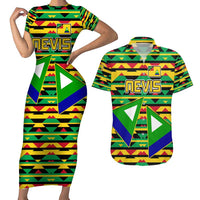 Nevis in Saint Kitts and Nevis Couples Matching Short Sleeve Bodycon Dress and Hawaiian Shirt Geometric Pattern and Coat of Arms - Wonder Print Shop