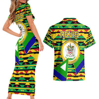 Nevis in Saint Kitts and Nevis Couples Matching Short Sleeve Bodycon Dress and Hawaiian Shirt Geometric Pattern and Coat of Arms - Wonder Print Shop