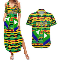 Nevis in Saint Kitts and Nevis Couples Matching Summer Maxi Dress and Hawaiian Shirt Geometric Pattern and Coat of Arms - Wonder Print Shop