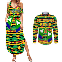 Nevis in Saint Kitts and Nevis Couples Matching Summer Maxi Dress and Long Sleeve Button Shirt Geometric Pattern and Coat of Arms - Wonder Print Shop