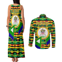 Nevis in Saint Kitts and Nevis Couples Matching Tank Maxi Dress and Long Sleeve Button Shirt Geometric Pattern and Coat of Arms - Wonder Print Shop