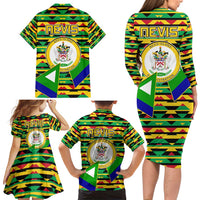Nevis in Saint Kitts and Nevis Family Matching Long Sleeve Bodycon Dress and Hawaiian Shirt Geometric Pattern and Coat of Arms - Wonder Print Shop