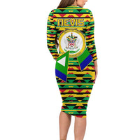 Nevis in Saint Kitts and Nevis Family Matching Long Sleeve Bodycon Dress and Hawaiian Shirt Geometric Pattern and Coat of Arms - Wonder Print Shop