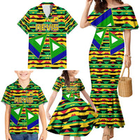 Nevis in Saint Kitts and Nevis Family Matching Mermaid Dress and Hawaiian Shirt Geometric Pattern and Coat of Arms - Wonder Print Shop