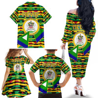 Nevis in Saint Kitts and Nevis Family Matching Off The Shoulder Long Sleeve Dress and Hawaiian Shirt Geometric Pattern and Coat of Arms - Wonder Print Shop
