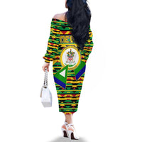 Nevis in Saint Kitts and Nevis Family Matching Off The Shoulder Long Sleeve Dress and Hawaiian Shirt Geometric Pattern and Coat of Arms - Wonder Print Shop