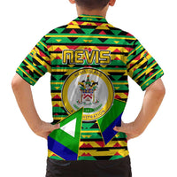 Nevis in Saint Kitts and Nevis Family Matching Off Shoulder Maxi Dress and Hawaiian Shirt Geometric Pattern and Coat of Arms - Wonder Print Shop