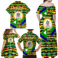 Nevis in Saint Kitts and Nevis Family Matching Off Shoulder Maxi Dress and Hawaiian Shirt Geometric Pattern and Coat of Arms - Wonder Print Shop