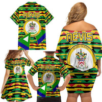 Nevis in Saint Kitts and Nevis Family Matching Off Shoulder Short Dress and Hawaiian Shirt Geometric Pattern and Coat of Arms - Wonder Print Shop