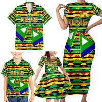 Nevis in Saint Kitts and Nevis Family Matching Short Sleeve Bodycon Dress and Hawaiian Shirt Geometric Pattern and Coat of Arms - Wonder Print Shop