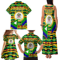 Nevis in Saint Kitts and Nevis Family Matching Tank Maxi Dress and Hawaiian Shirt Geometric Pattern and Coat of Arms - Wonder Print Shop