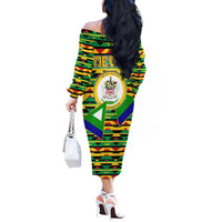 Nevis in Saint Kitts and Nevis Off The Shoulder Long Sleeve Dress Geometric Pattern and Coat of Arms - Wonder Print Shop