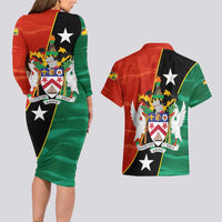 Nevis in Saint Kitts and Nevis Couples Matching Long Sleeve Bodycon Dress and Hawaiian Shirt Star Design and Coat of Arms - Wonder Print Shop