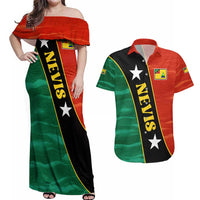 Nevis in Saint Kitts and Nevis Couples Matching Off Shoulder Maxi Dress and Hawaiian Shirt Star Design and Coat of Arms - Wonder Print Shop