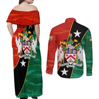 Nevis in Saint Kitts and Nevis Couples Matching Off Shoulder Maxi Dress and Long Sleeve Button Shirt Star Design and Coat of Arms - Wonder Print Shop