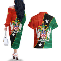 Nevis in Saint Kitts and Nevis Couples Matching Off The Shoulder Long Sleeve Dress and Hawaiian Shirt Star Design and Coat of Arms - Wonder Print Shop