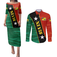 Nevis in Saint Kitts and Nevis Couples Matching Puletasi and Long Sleeve Button Shirt Star Design and Coat of Arms - Wonder Print Shop
