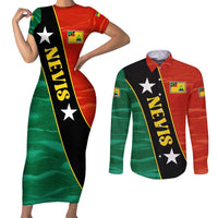 Nevis in Saint Kitts and Nevis Couples Matching Short Sleeve Bodycon Dress and Long Sleeve Button Shirt Star Design and Coat of Arms - Wonder Print Shop