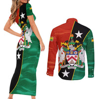 Nevis in Saint Kitts and Nevis Couples Matching Short Sleeve Bodycon Dress and Long Sleeve Button Shirt Star Design and Coat of Arms - Wonder Print Shop