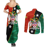 Nevis in Saint Kitts and Nevis Couples Matching Summer Maxi Dress and Long Sleeve Button Shirt Star Design and Coat of Arms - Wonder Print Shop