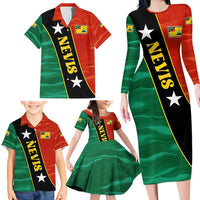 Nevis in Saint Kitts and Nevis Family Matching Long Sleeve Bodycon Dress and Hawaiian Shirt Star Design and Coat of Arms - Wonder Print Shop