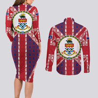 Cayman Islands Christmas Couples Matching Long Sleeve Bodycon Dress and Long Sleeve Button Shirt Xmas Pattern and Coat of Arms - Wonder Print Shop