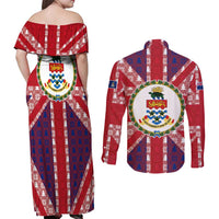 Cayman Islands Christmas Couples Matching Off Shoulder Maxi Dress and Long Sleeve Button Shirt Xmas Pattern and Coat of Arms - Wonder Print Shop