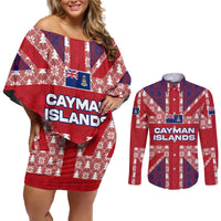 Cayman Islands Christmas Couples Matching Off Shoulder Short Dress and Long Sleeve Button Shirt Xmas Pattern and Coat of Arms - Wonder Print Shop