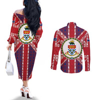 Cayman Islands Christmas Couples Matching Off The Shoulder Long Sleeve Dress and Long Sleeve Button Shirt Xmas Pattern and Coat of Arms - Wonder Print Shop
