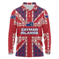 Cayman Islands Christmas Long Sleeve Polo Shirt Xmas Pattern and Coat of Arms - Wonder Print Shop