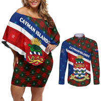 Cayman Islands Xmas Couples Matching Off Shoulder Short Dress and Long Sleeve Button Shirt Christmas Plaid Turtle and Coat of Arms Red Green Blue - Wonder Print Shop