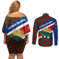 Cayman Islands Xmas Couples Matching Off Shoulder Short Dress and Long Sleeve Button Shirt Christmas Plaid Turtle and Coat of Arms Red Green Blue - Wonder Print Shop