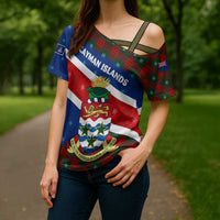 Cayman Islands Xmas Cross Shoulder Shirt Christmas Plaid Turtle and Coat of Arms Red Green Blue - Wonder Print Shop