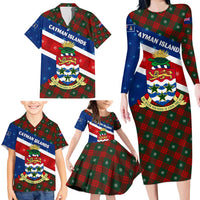 Cayman Islands Xmas Family Matching Long Sleeve Bodycon Dress and Hawaiian Shirt Christmas Plaid Turtle and Coat of Arms Red Green Blue - Wonder Print Shop