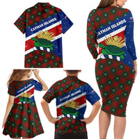 Cayman Islands Xmas Family Matching Long Sleeve Bodycon Dress and Hawaiian Shirt Christmas Plaid Turtle and Coat of Arms Red Green Blue - Wonder Print Shop