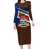 Cayman Islands Xmas Family Matching Long Sleeve Bodycon Dress and Hawaiian Shirt Christmas Plaid Turtle and Coat of Arms Red Green Blue - Wonder Print Shop