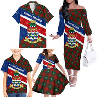 Cayman Islands Xmas Family Matching Off The Shoulder Long Sleeve Dress and Hawaiian Shirt Christmas Plaid Turtle and Coat of Arms Red Green Blue - Wonder Print Shop
