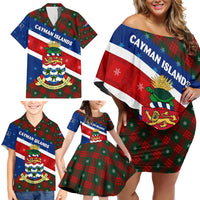 Cayman Islands Xmas Family Matching Off Shoulder Short Dress and Hawaiian Shirt Christmas Plaid Turtle and Coat of Arms Red Green Blue - Wonder Print Shop