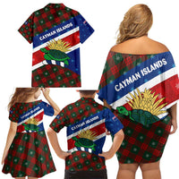 Cayman Islands Xmas Family Matching Off Shoulder Short Dress and Hawaiian Shirt Christmas Plaid Turtle and Coat of Arms Red Green Blue - Wonder Print Shop